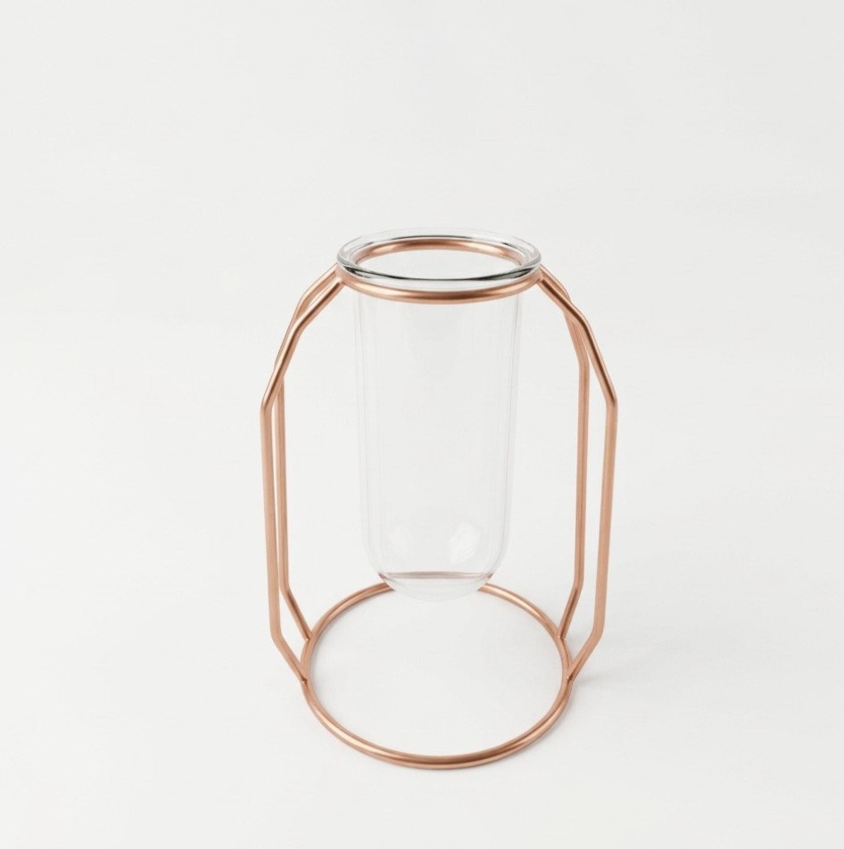 Rose Gold Metal Stand with Glass cylinder tube vase in medium size