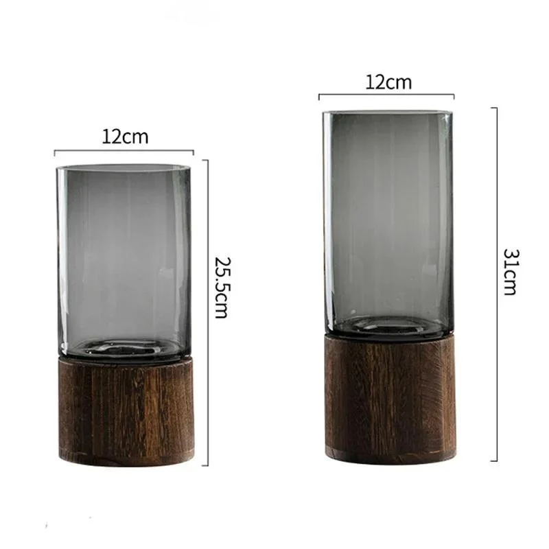 Smoke Grey Glass and Wooden Base