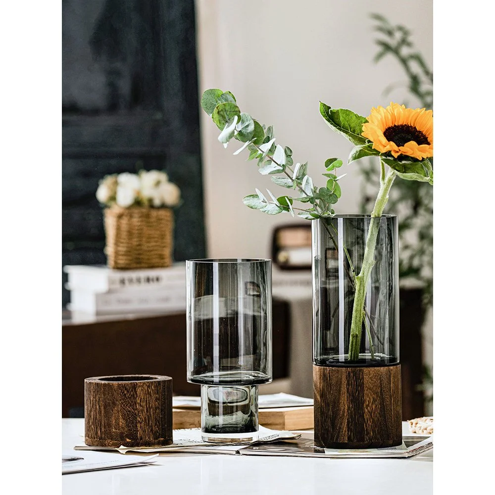 Smoke Grey Glass and Wooden Base
