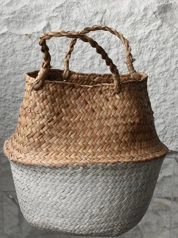Rattan Basket With Handle (White)