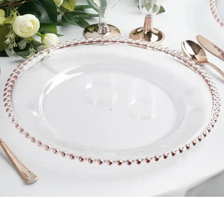 Clear Rose Gold Beaded Charger Plate