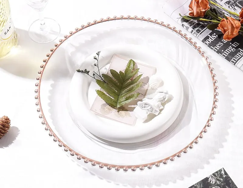 Clear Rose Gold Beaded Charger Plate