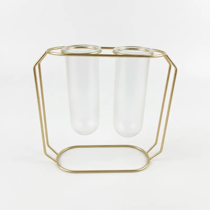Gold Metal Stand with Glass cylinder Double tube vase