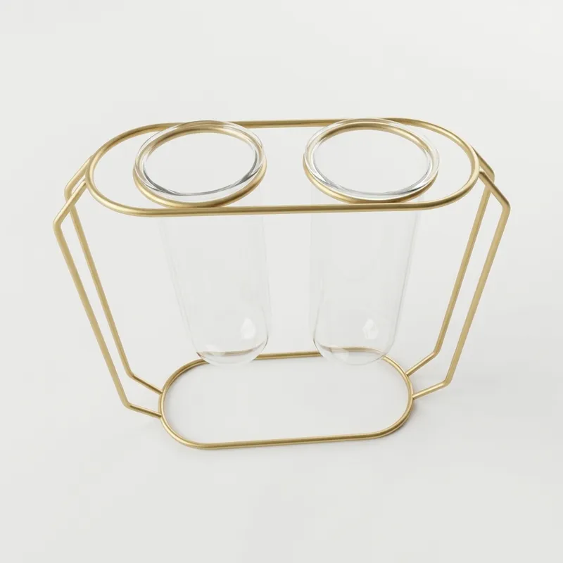 Gold Metal Stand with Glass cylinder Double tube vase