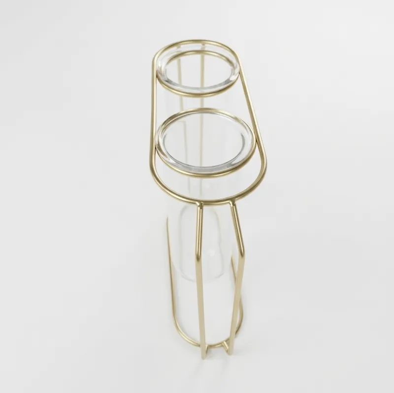 Gold Metal Stand with Glass cylinder Double tube vase