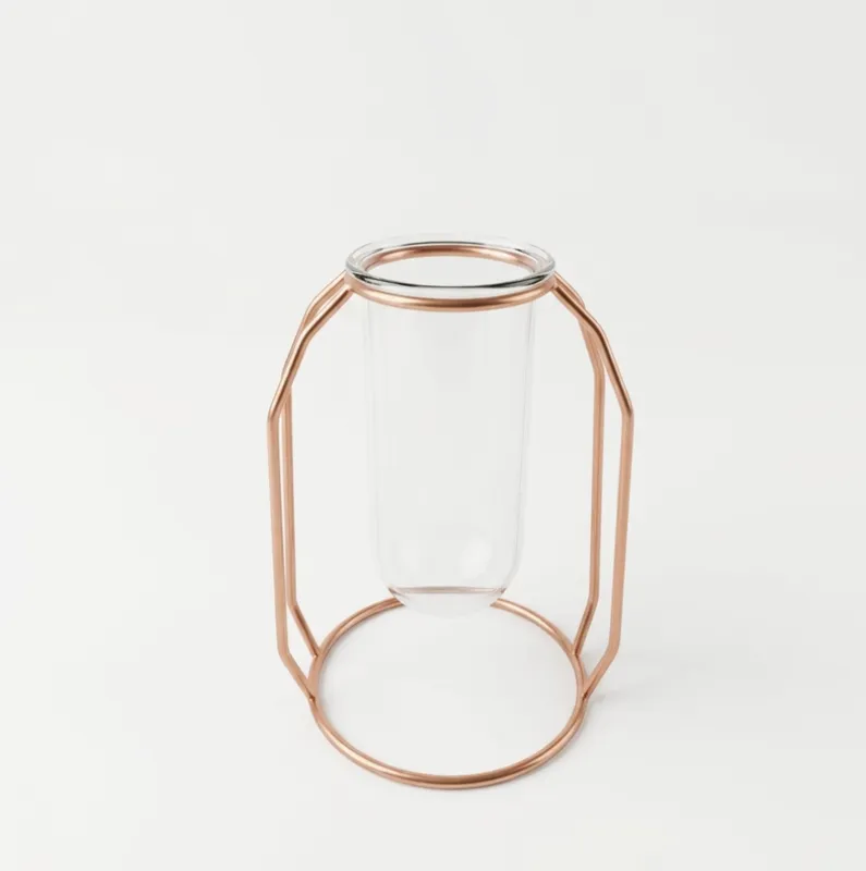 Rose Gold Metal Stand with Glass cylinder tube vase in medium size