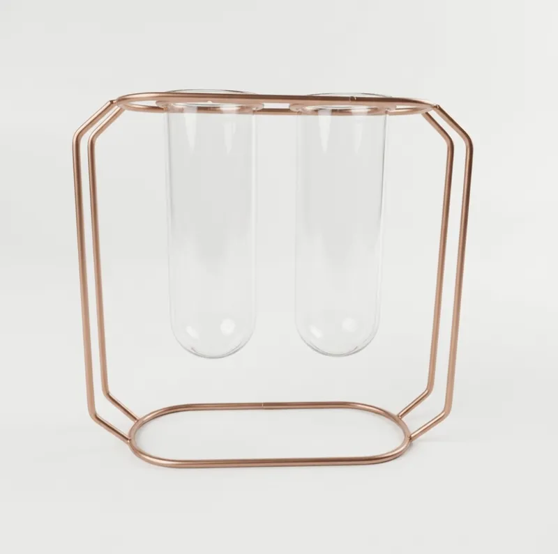 Rose Gold Metal Stand with Glass cylinder Double tube vase