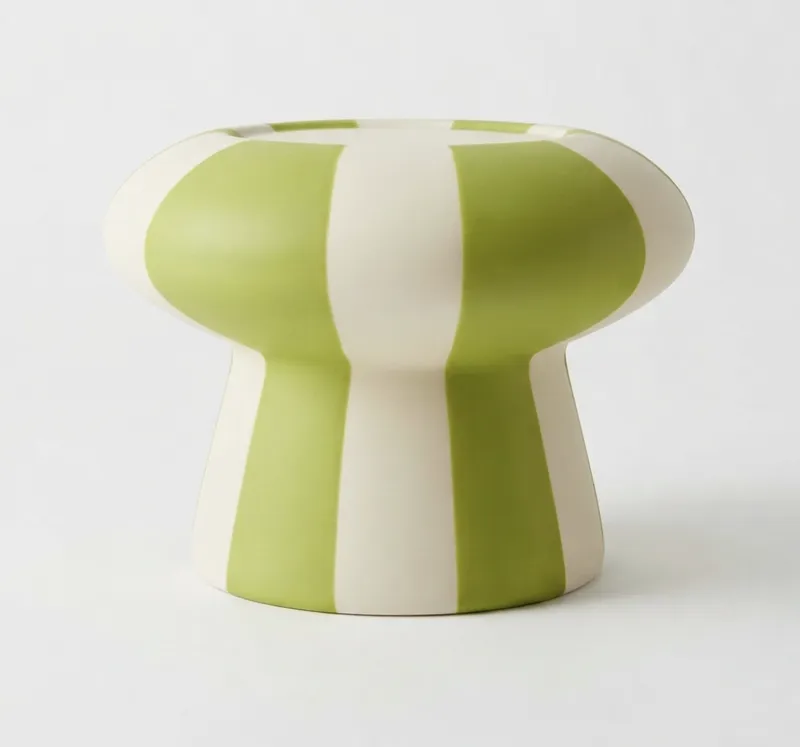 Green and White Wide Stripe Waist  Ceramic Vase