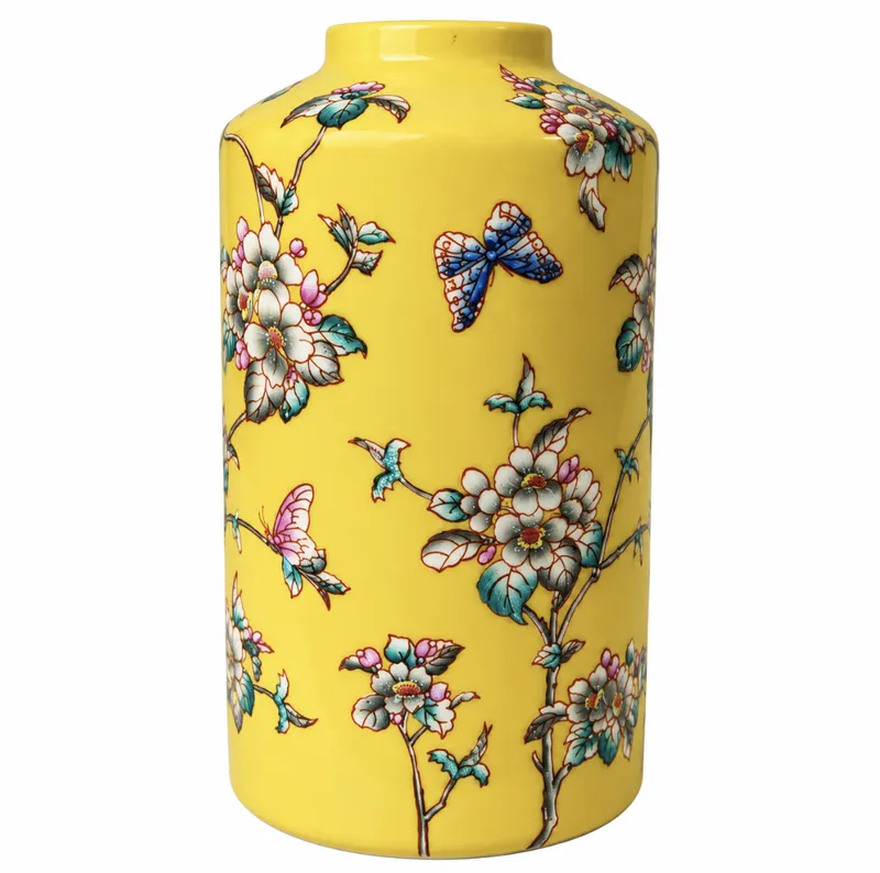 Chinoiserie Yellow Ceramic Vase